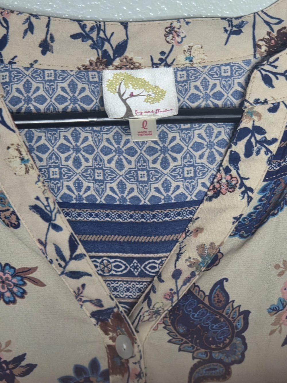 Fig & Flower Boho Paisley Floral Button Up Tunic Blouse-Roll Tab Sleeve-Size Lg - Picture 10 of 11